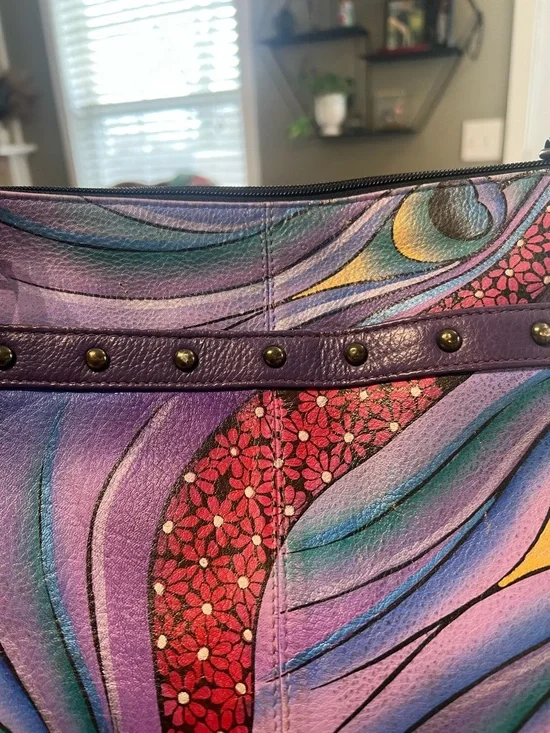 Anuschka Hand-Painted Leather Peacock Crossbody with Matching Coin Pouch - Picture 3 of 10